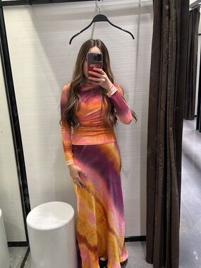Zara Pink, Mustard & Plum Tie-Dye Long Sleeve Slip Dress with Mesh Top